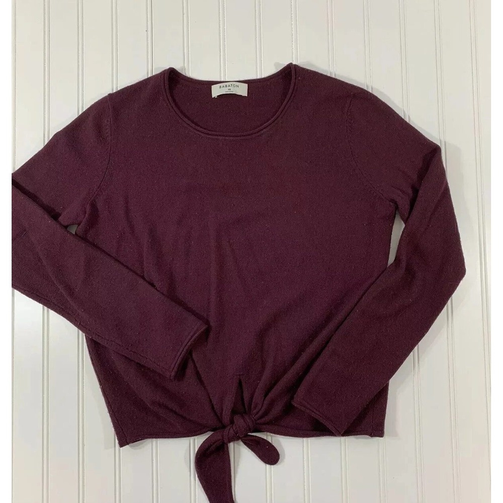 Babaton Sweater Womens XS Burgundy Merino Wool Front Tie Pullover Sustainable